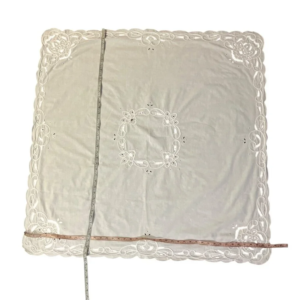 Vintage White Cutwork Embroidered Tablecloth Floral Linen Cotton Broderie Anglai